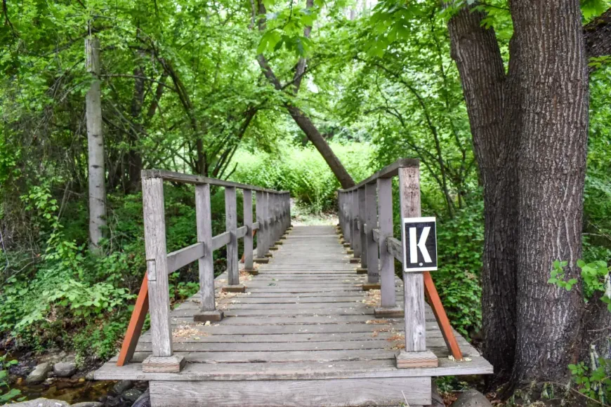 Wooden footbridge through a green wooded trail, with a sign marked “K” at the entrance.