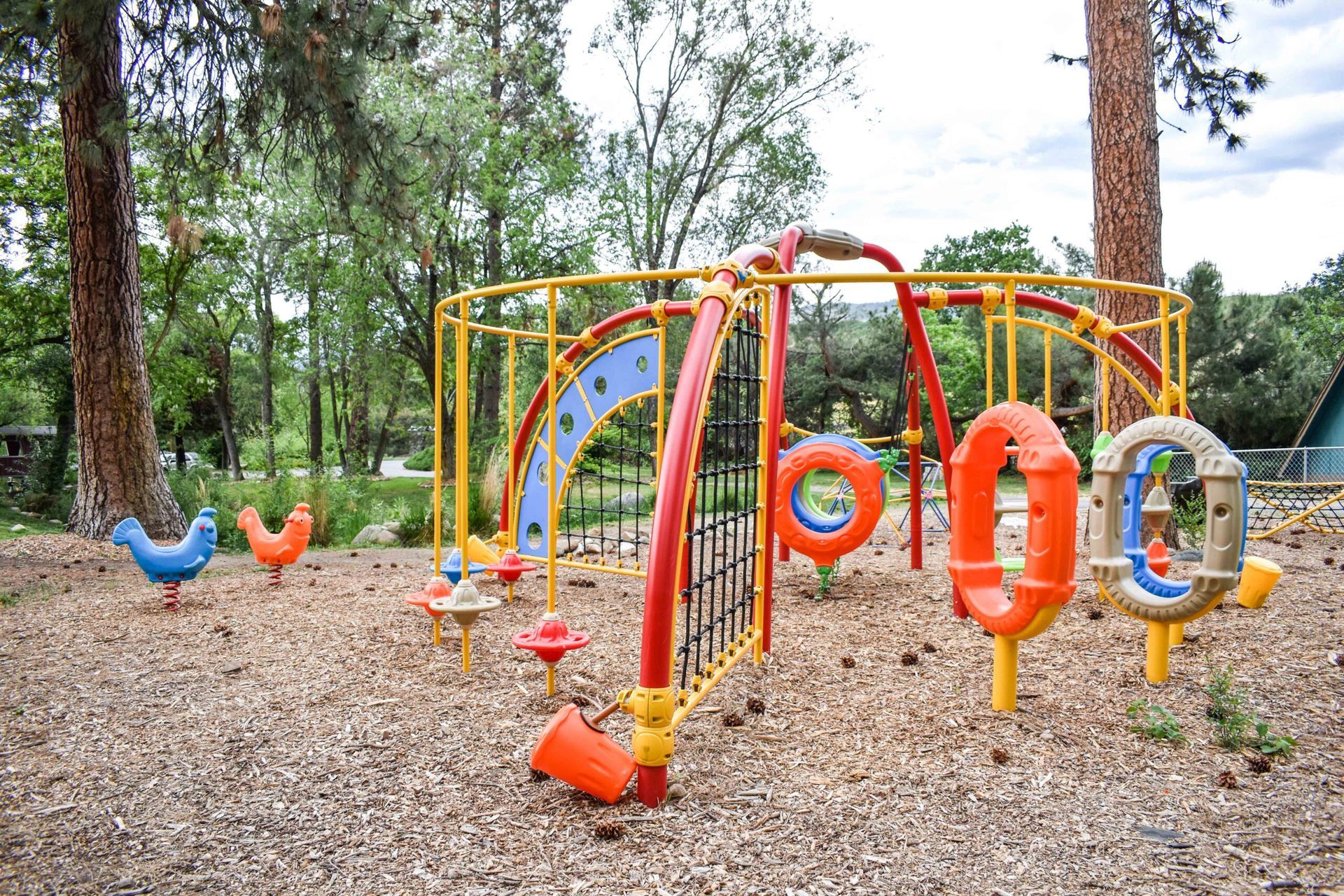 Colorful playground climbing structure and swings in a wooded park, with wood chips underfoot