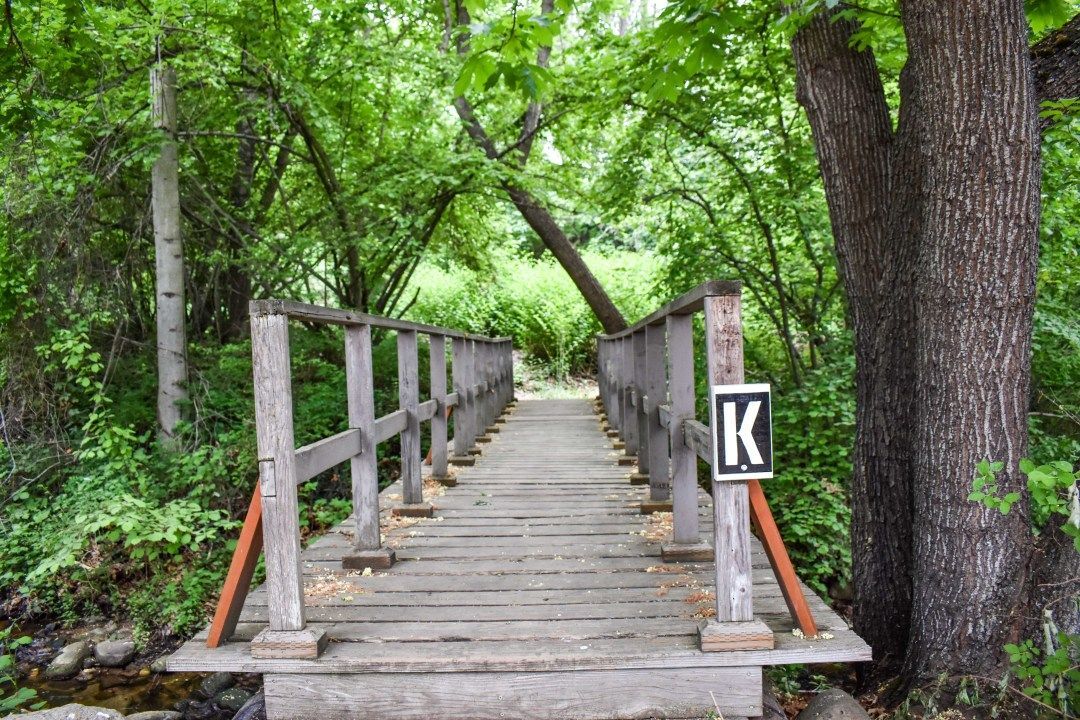 Wooden bridge walkway through lush green trees, with a marked “K” sign on the right.