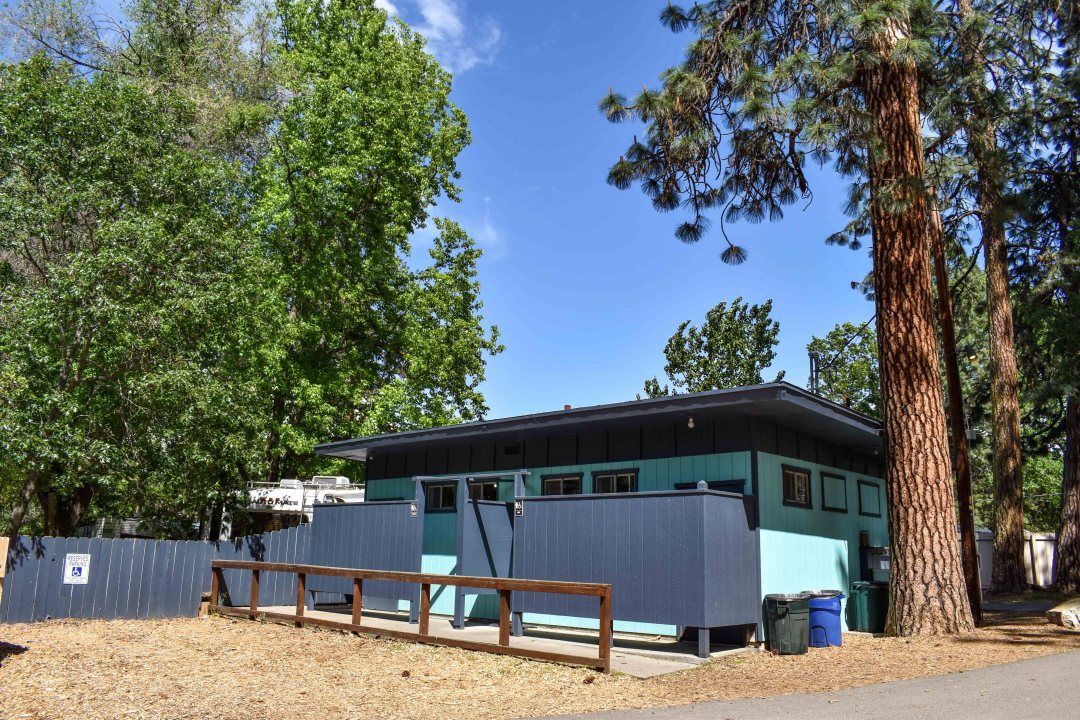 Small building with blue siding and trees under a clear sky, with a wooden fence in front