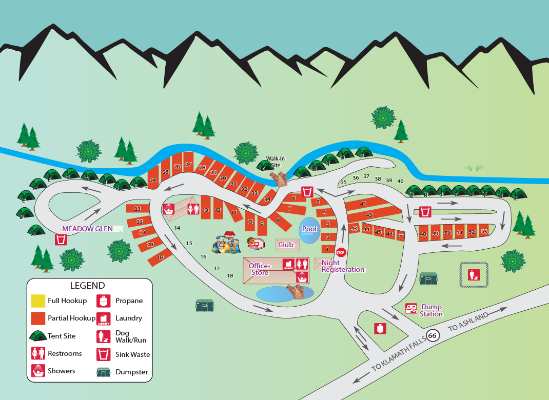 Colorful resort map with buildings, roads, river, trees, and mountain backdrop.