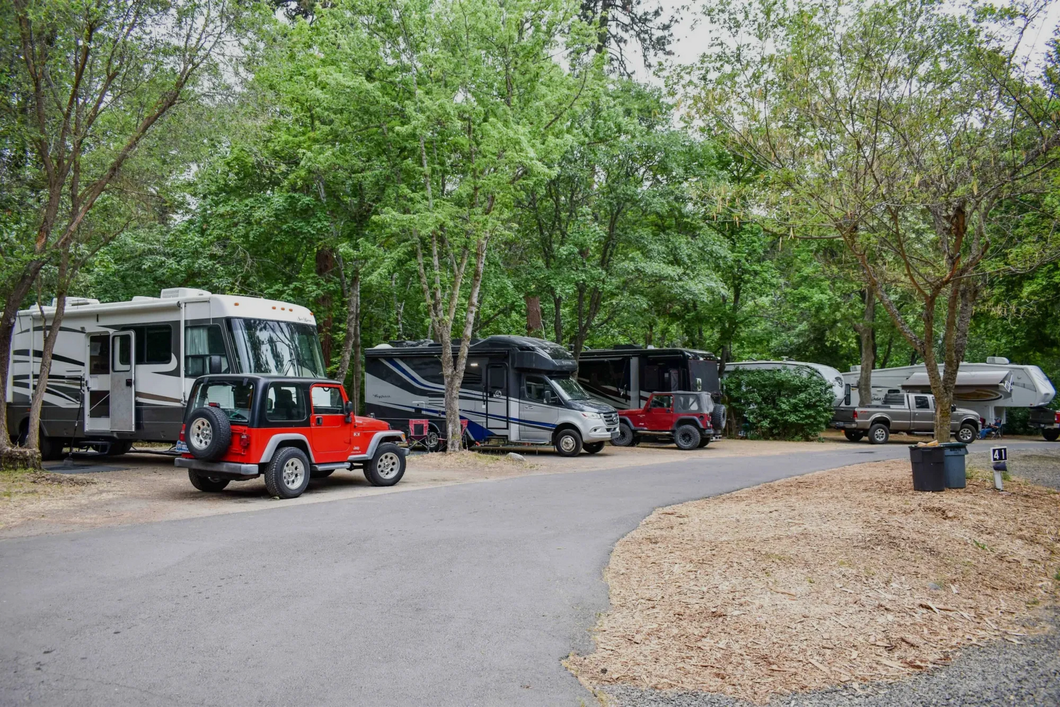 RV campsite with multiple parked campers and a red Jeep among trees on a gravel road