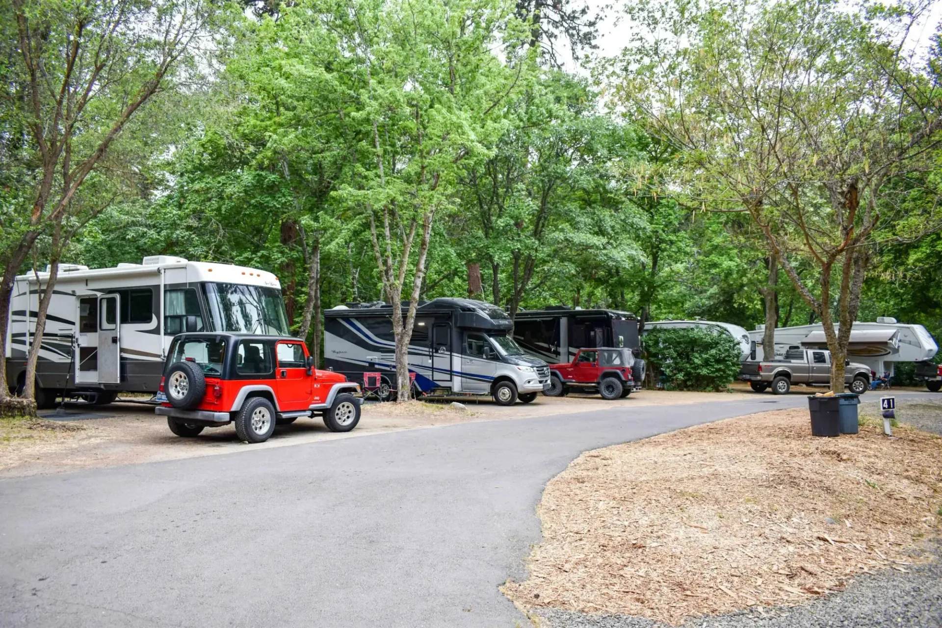 RVs and cars parked along a wooded campground road with trees and gravel