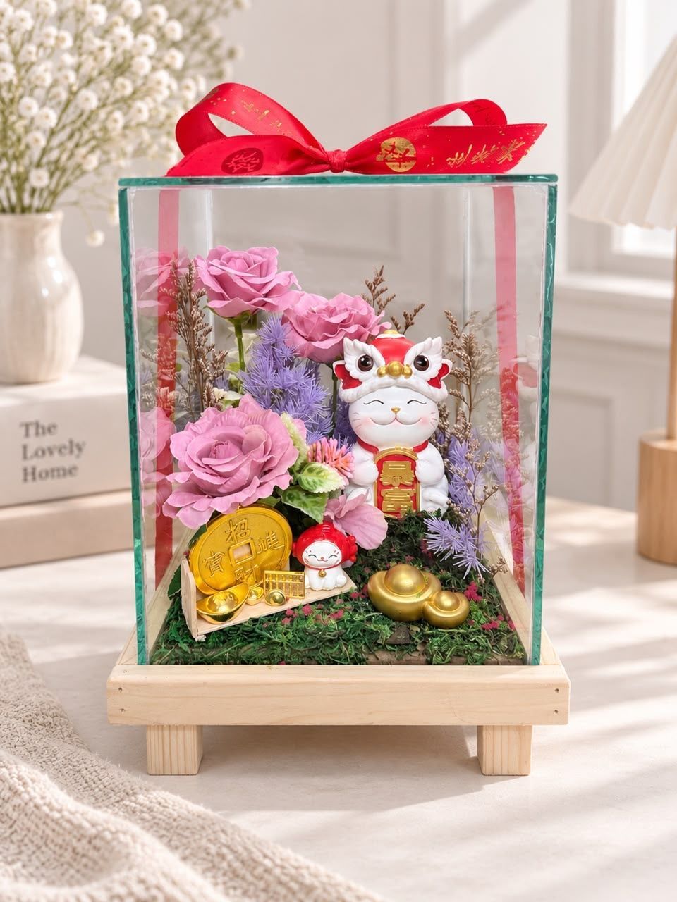 粉色玫瑰招财猫花礼，搭配金元宝与中式摆件｜大山脚花店
Pink Rose Lucky Cat Floral Arrangement with Gold Ingots | Bukit Mertajam Florist