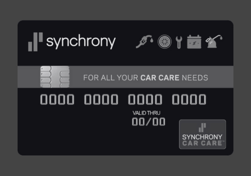 Black Synchrony Car Care credit card with silver accents and “For all your car care needs” text