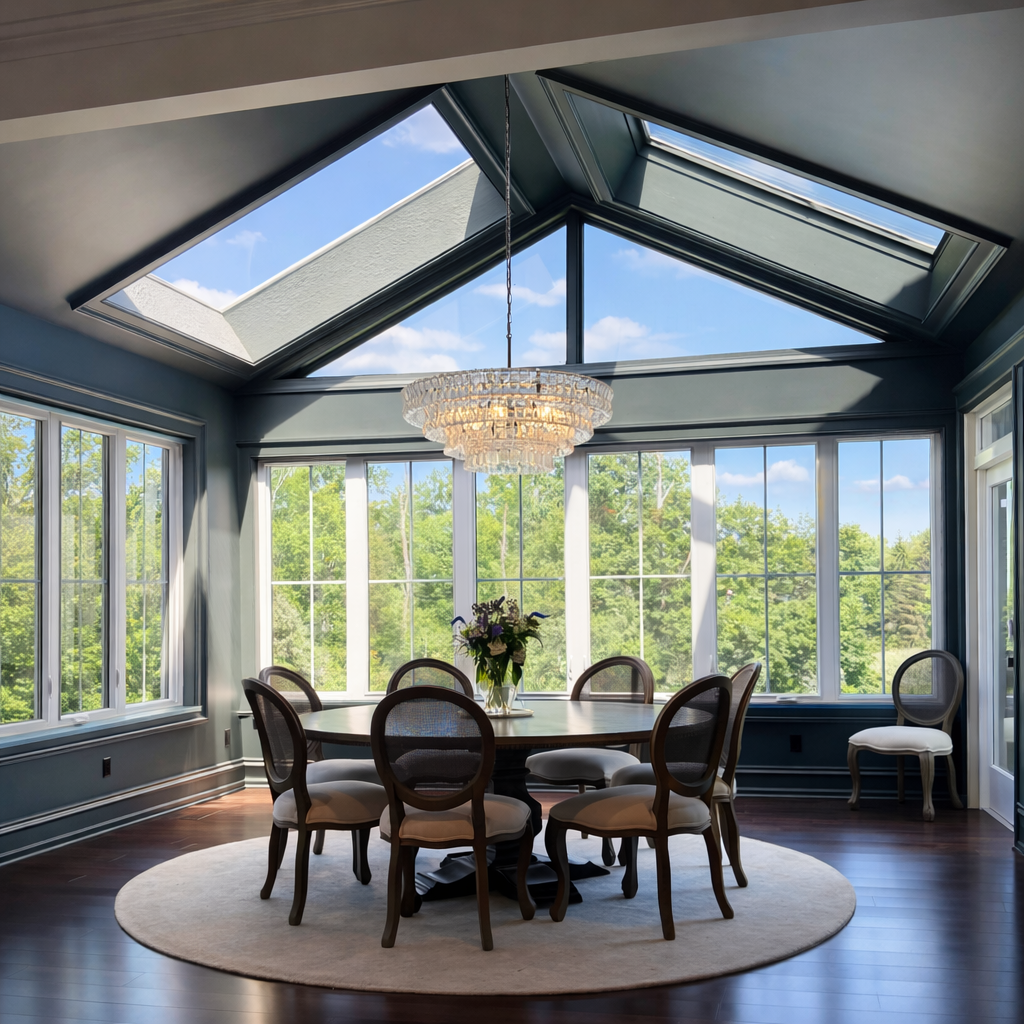 Elegant dining room with a round table, chandelier, and large windows under a vaulted skylight.