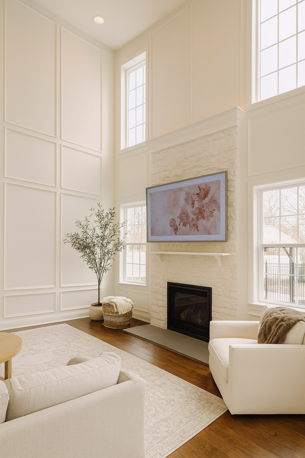 Bright, airy living room with a tall fireplace, white paneled walls, large windows, and beige seating