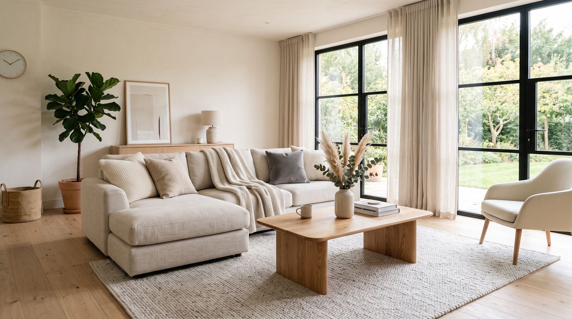Bright modern living room with beige sectional, wooden coffee table, large windows, and a plant Bright modern living room with beige sectional, wooden coffee table, large windows, and a plant