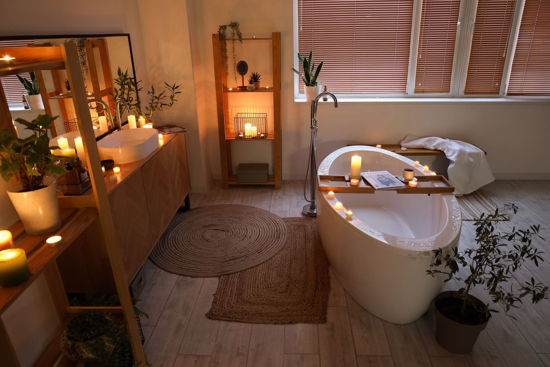Warm spa bathroom with a candlelit bathtub, wooden shelves, plants, and soft blinds filtering light
