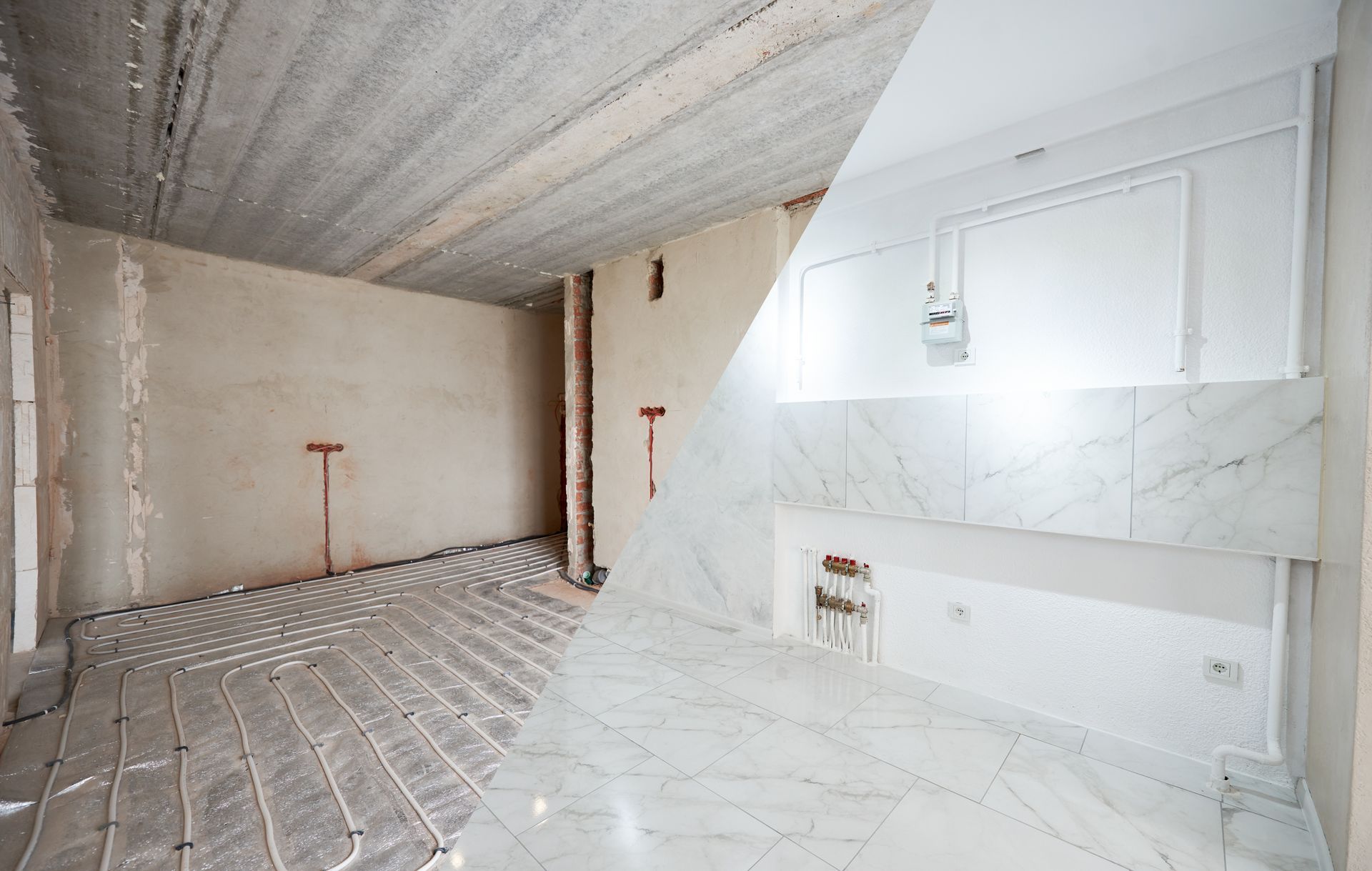 Renovated room with exposed walls, tiled floor, and a white marble kitchen area under construction Renovated room with exposed walls, tiled floor, and a white marble kitchen area under construction