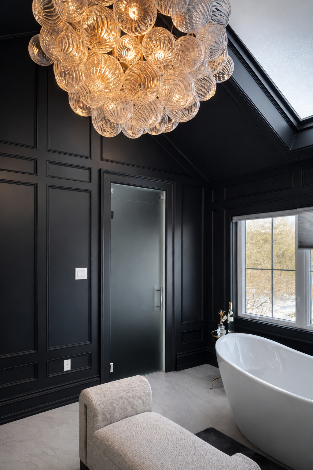 Modern black bathroom with a large chandelier, freestanding tub, and window seat by a tall window