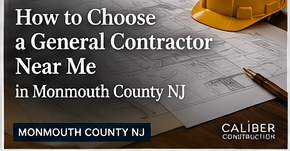 Thumbnail of a construction article: yellow hard hat on plans with text “How to Choose a General Contractor Near Me in Monmouth County NJ”