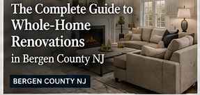 Bergen County NJ ad for whole-home renovations, showing a bright beige living room and a “9” badge