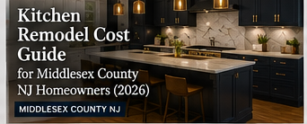 Kitchen remodel cost guide for Middlesex County NJ homeowners, shown over a modern dark kitchen interior