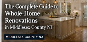 Ad for whole-home renovations in Middlesex County, NJ, over a modern kitchen interior with a gold “14” badge