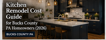 Kitchen remodel cost guide cover with dark cabinets, island, pendant lights, and text for Bucks County PA homeowners.