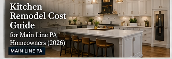 Kitchen remodel cost guide ad for Main Line PA, showing a bright white kitchen with island and pendant lights