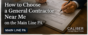 Title slide: “How to Choose a General Contractor Near Me on the Main Line PA,” with hands signing a form