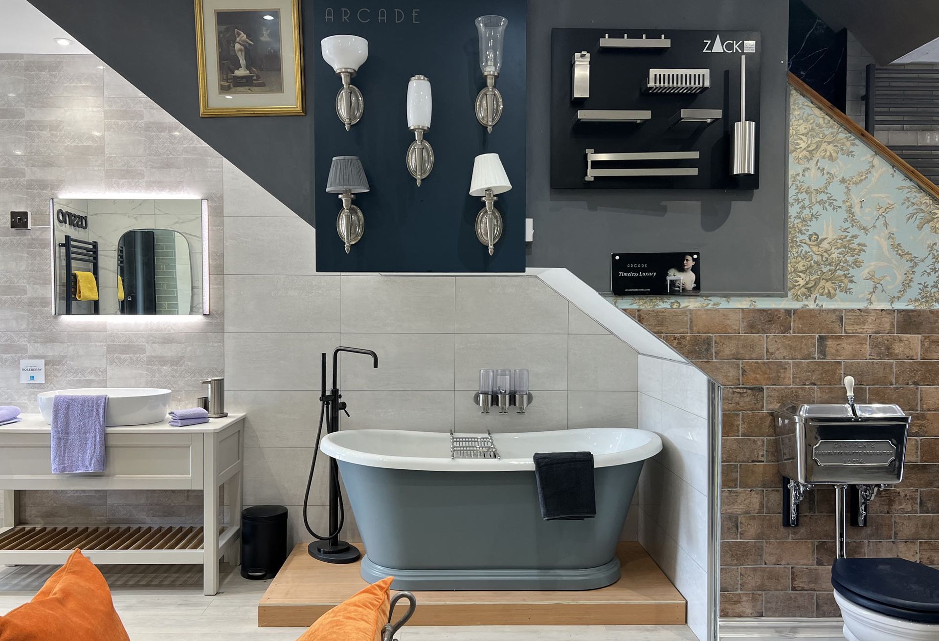 A bathroom with a bathtub a sink and a mirror