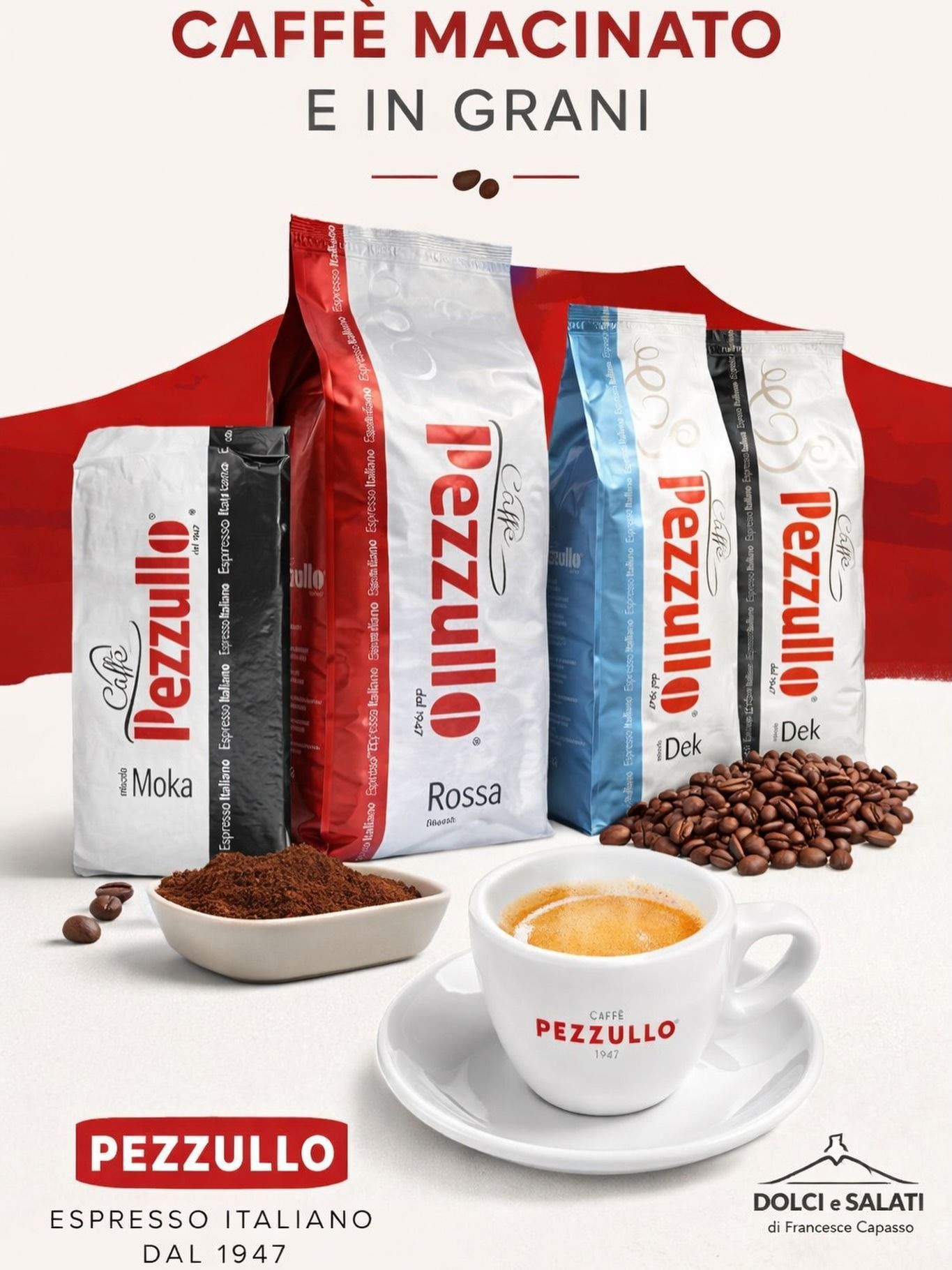 Confezione di caffè Pezzullo con chicchi e tazza su sfondo bianco, etichettata “caffè macinato e in grani”