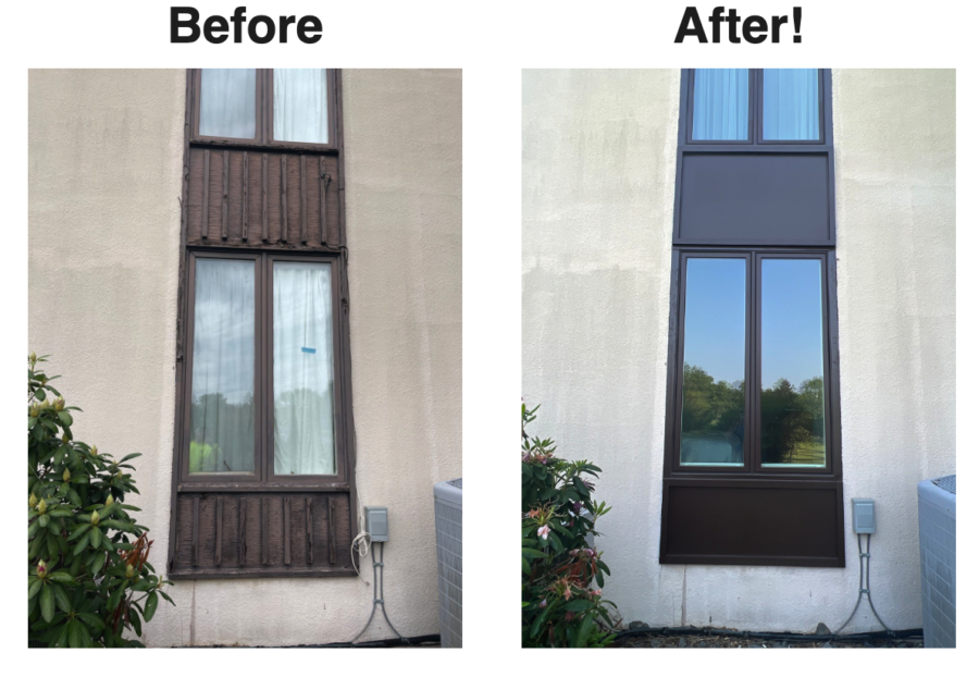 Before-and-after of a house window and siding repaint from brown to dark gray with blue-trimmed panes.
