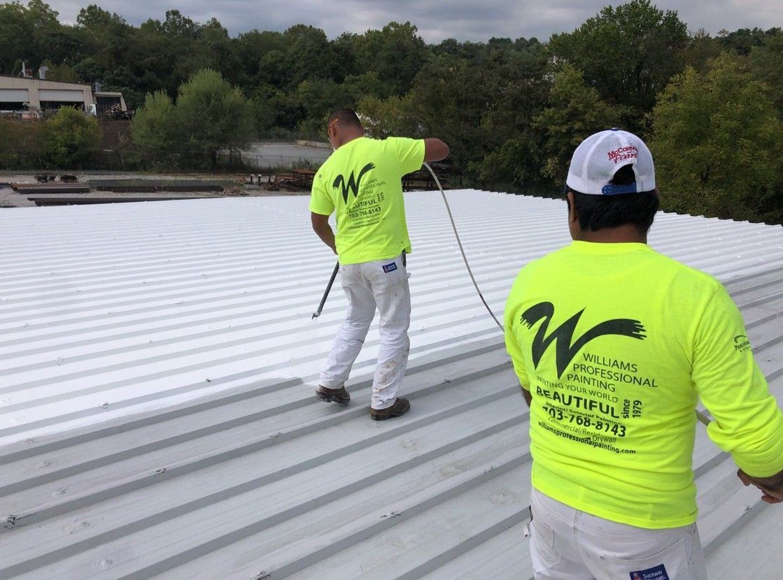 Two workers in neon shirts inspect a white metal roof near trees and water