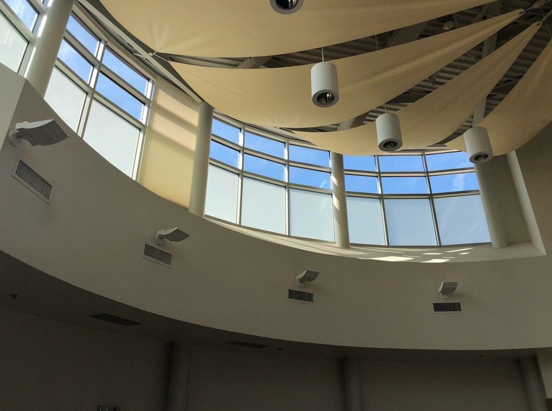 Curved interior ceiling with skylight windows and hanging cylindrical light fixtures