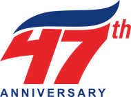 47th anniversary logo in red and blue with a stylized swoosh above the number 47