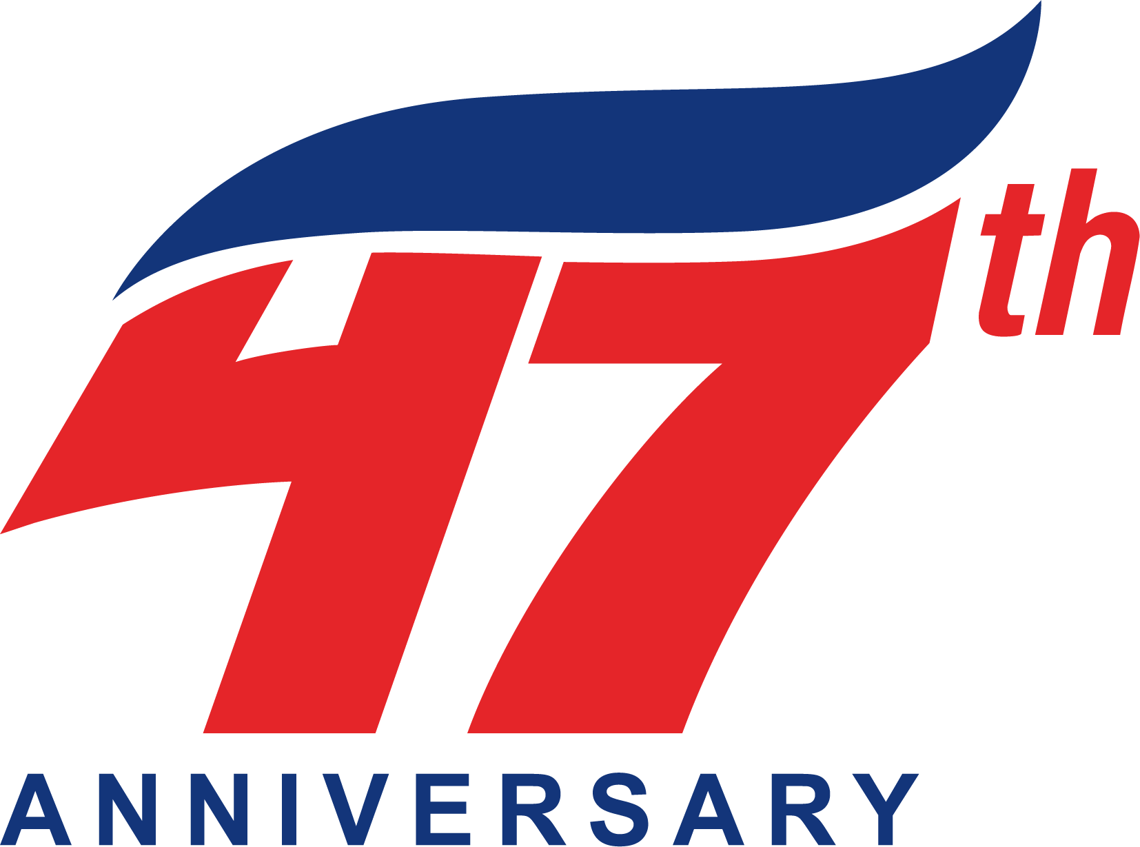 47th anniversary logo in red and blue with a stylized swoosh above the number 47
