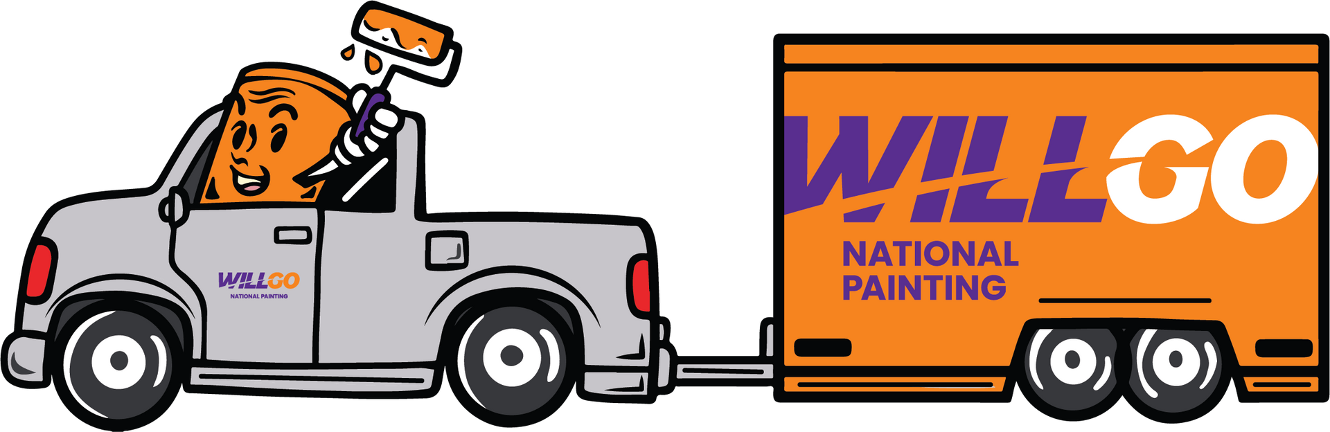 White pickup towing an orange trailer with “Will Go National Painting” logo and painter on top