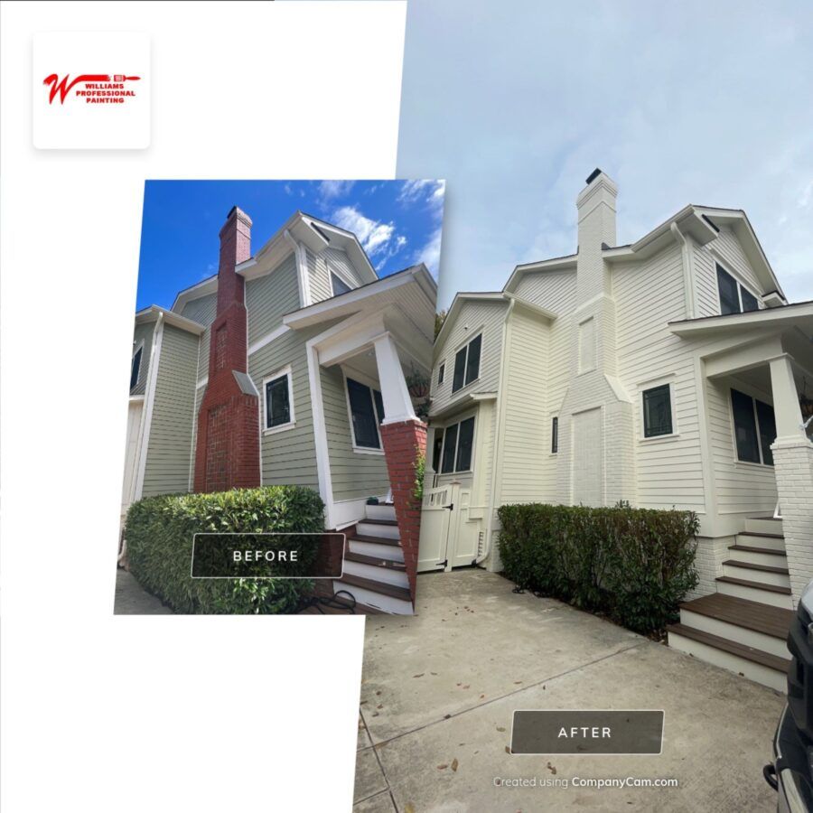 Before-and-after view of a white house exterior with a red brick chimney and bushes by the driveway