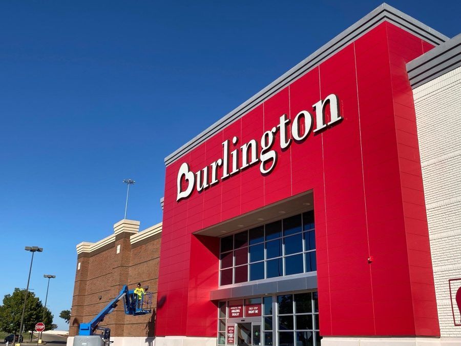 Burlington store exterior with red facade and blue sky