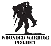 Black silhouette of a soldier carrying another, with text “Wounded Warrior Project” below.