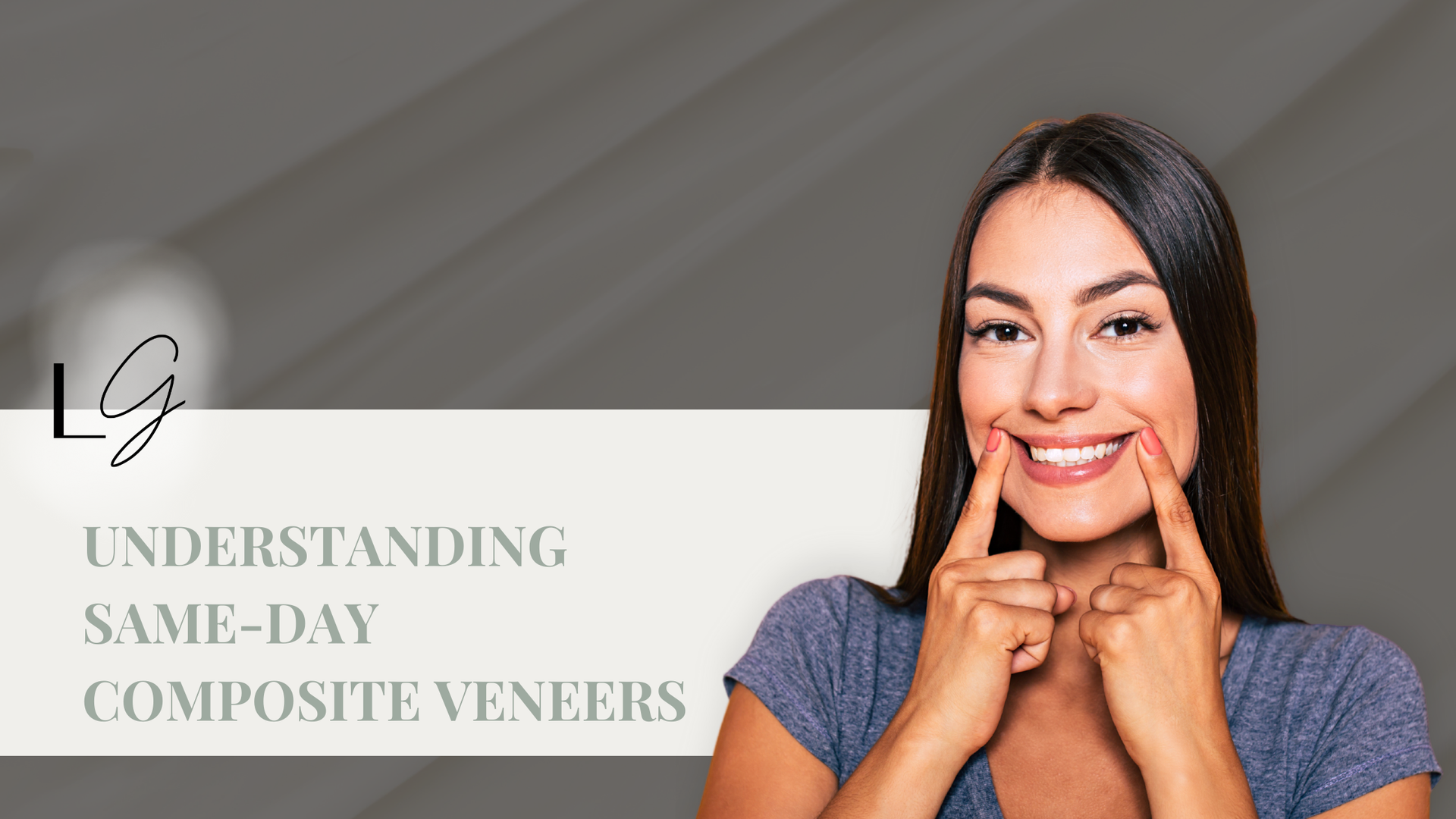 A woman is smiling and pointing at her teeth.