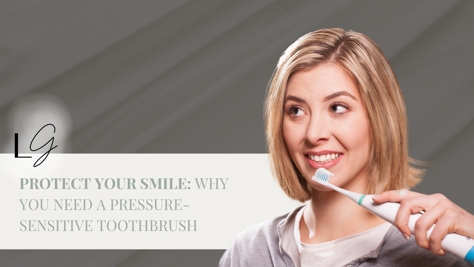 A woman is brushing her teeth with an electric toothbrush.
