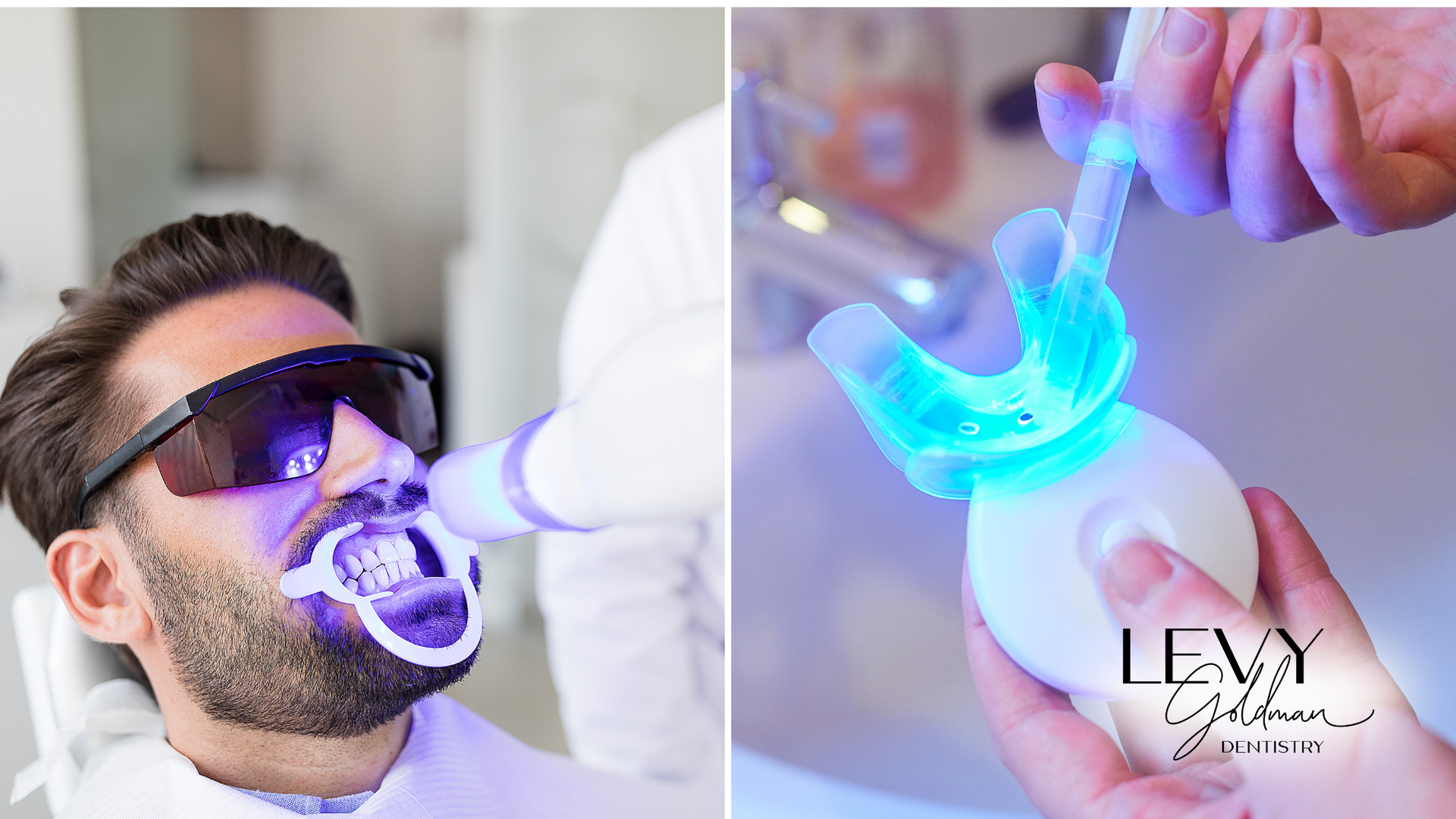A man is getting his teeth whitened in a dental office.