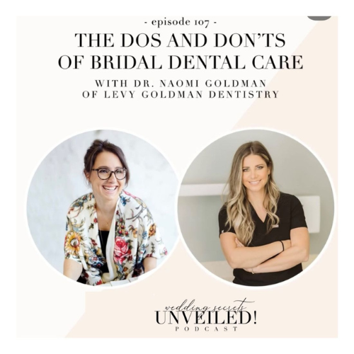 Podcast cover for “The Dos and Don’ts of Bridal Dental Care” featuring two women on a beige background.