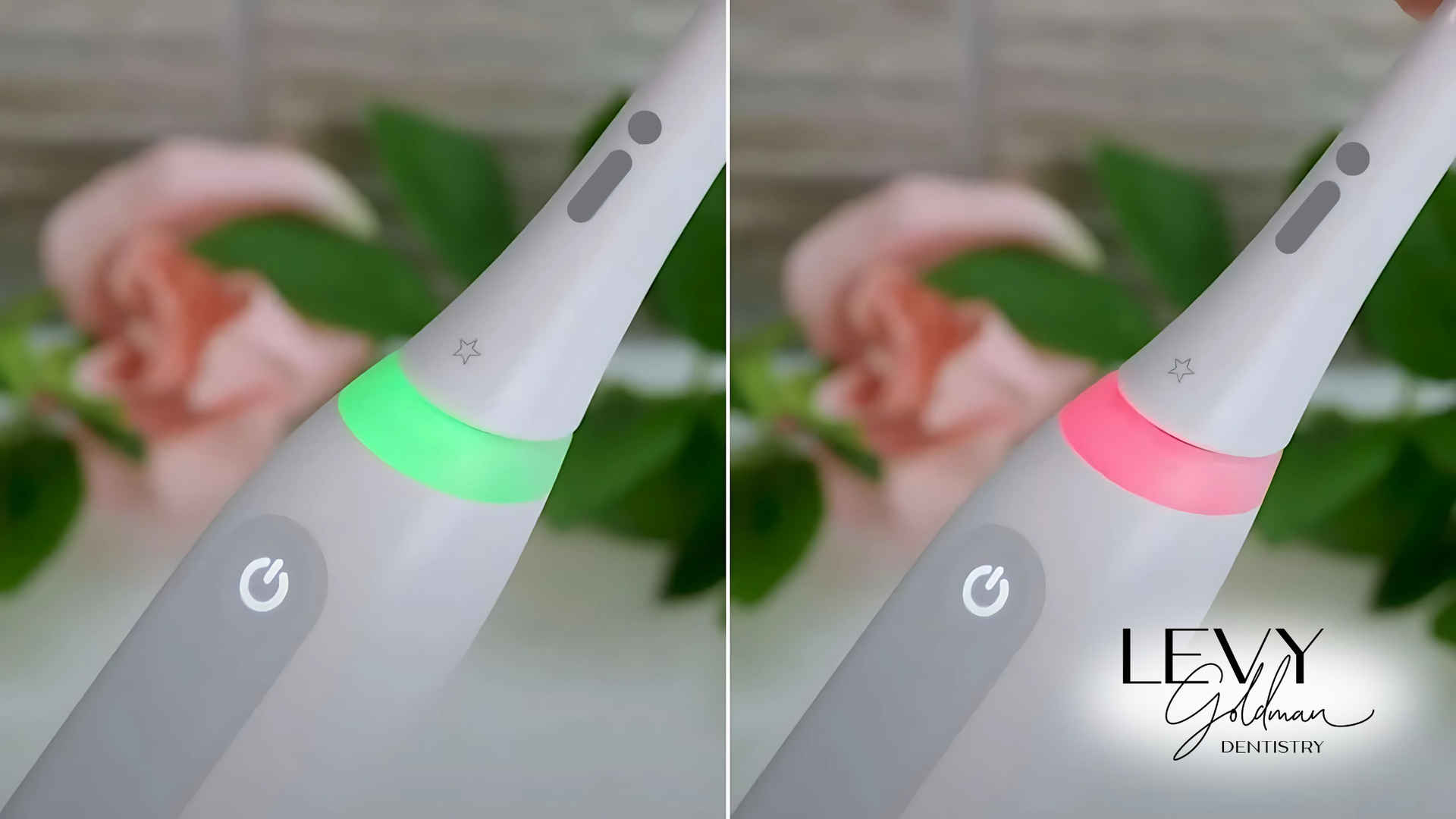A close up of a toothbrush with a green and red light on it