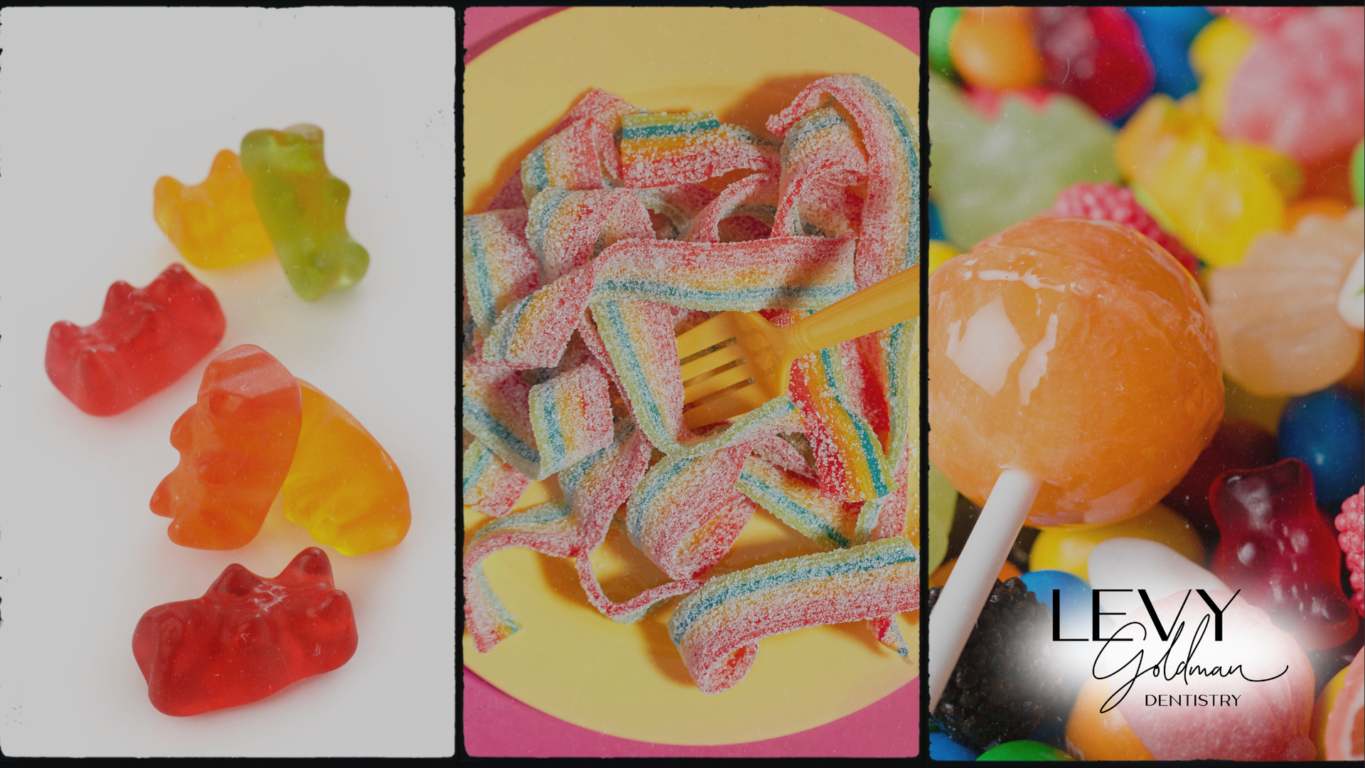 A collage of different types of candy including gummy bears and lollipops