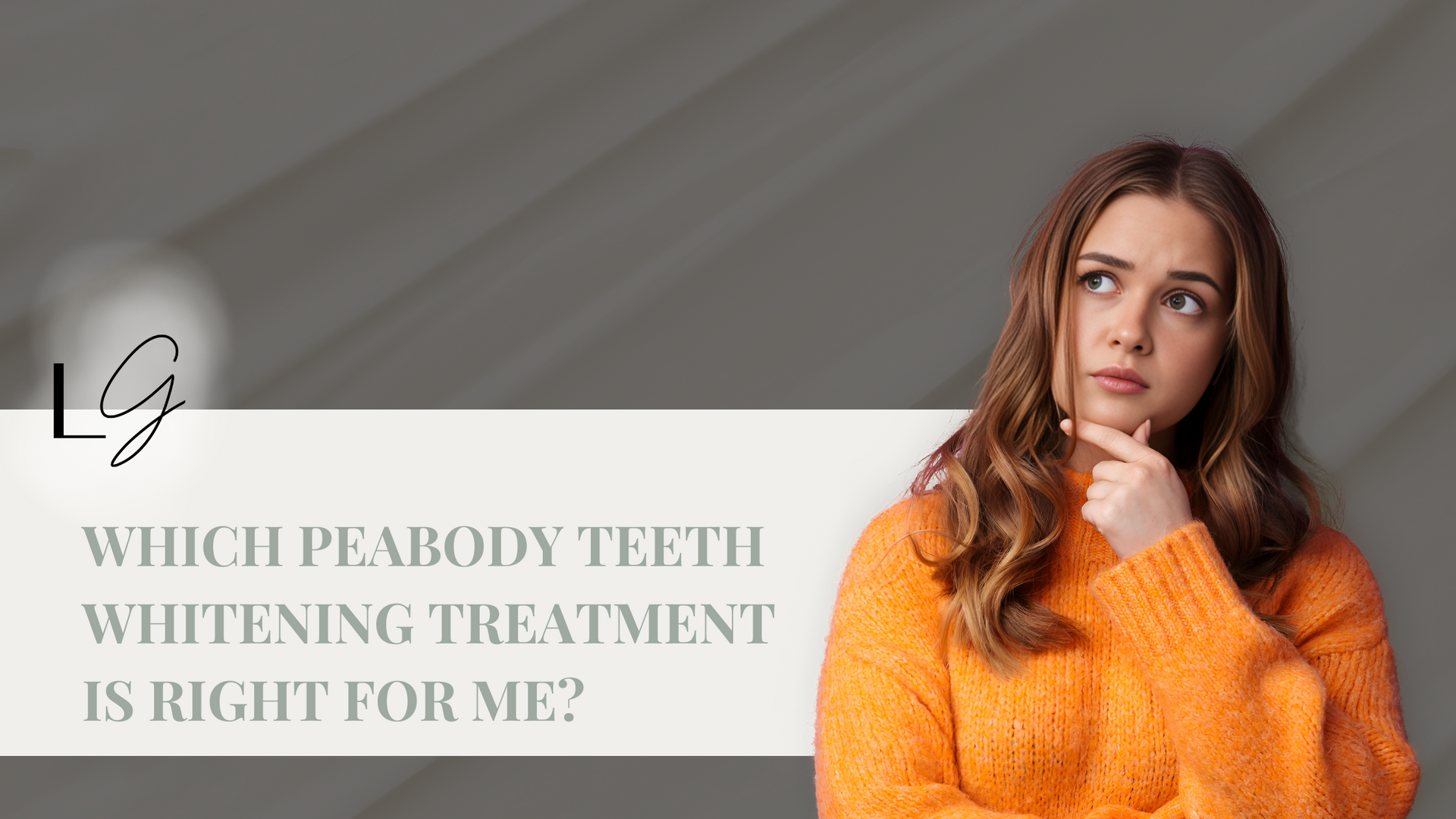 A woman in an orange sweater is thinking about which teeth whitening treatment is right for her.