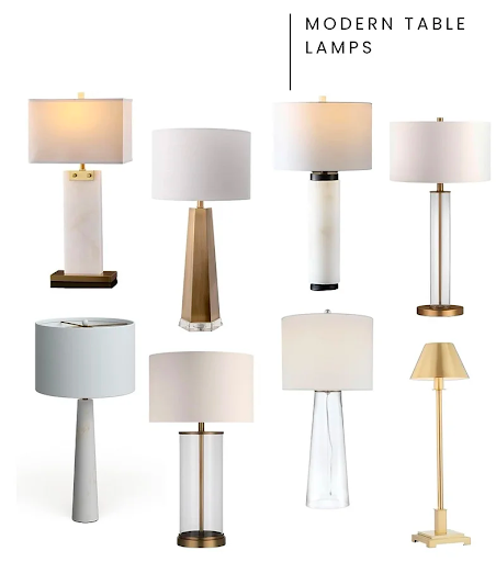 A collection of modern table lamps with white shades