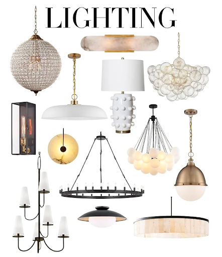 A collage of different types of lighting including lamps and chandeliers