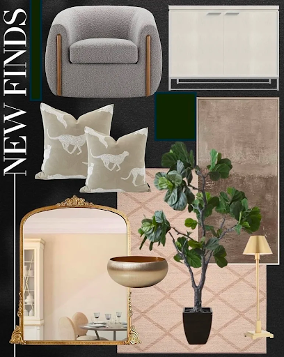 A collage of furniture and a plant in a living room.