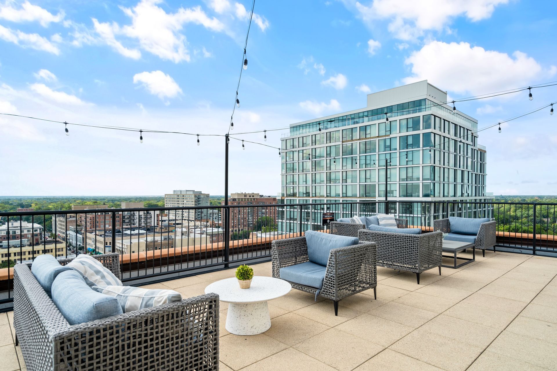 outdoor lounge area overlooking downtown Oak Park, IL
