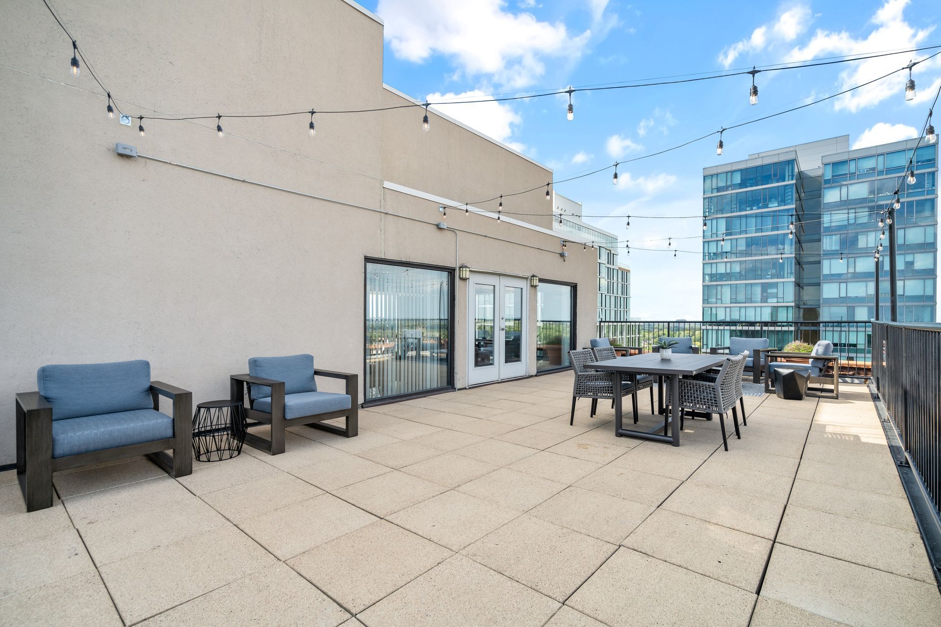 outdoor dining and lounge area with views of downtown Oak Park, IL
