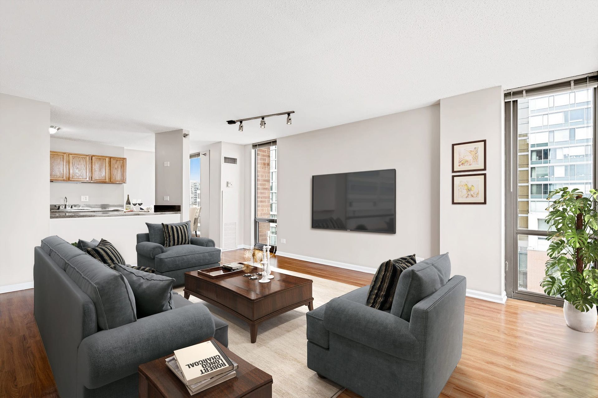 furnished apartment living room with floor-to-ceiling windows