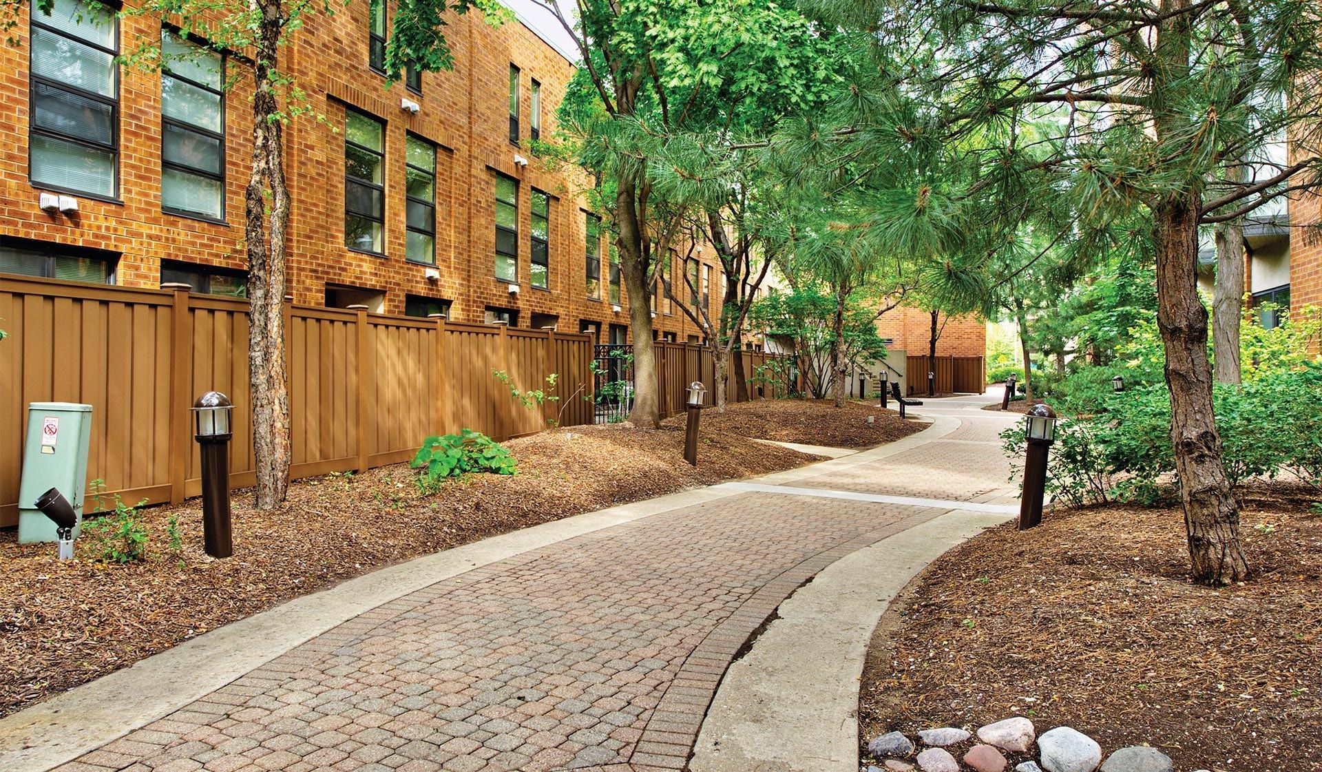walkway surrounded by mulch and trees outside of 100 Forest Place