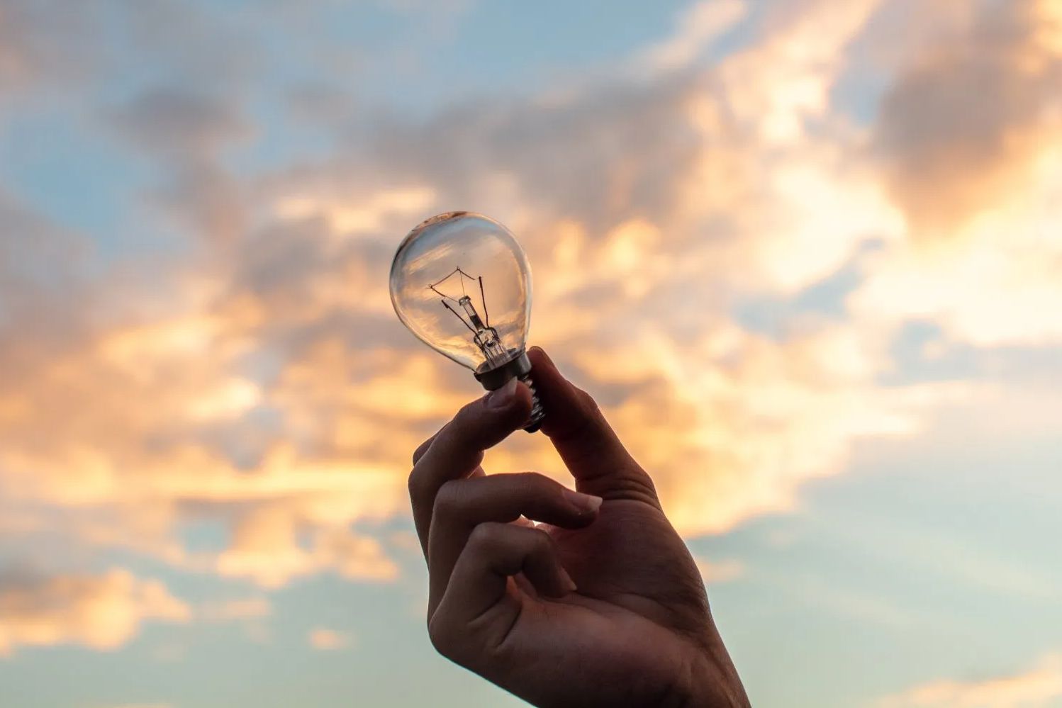 hand holding a lighbulb up to the sky