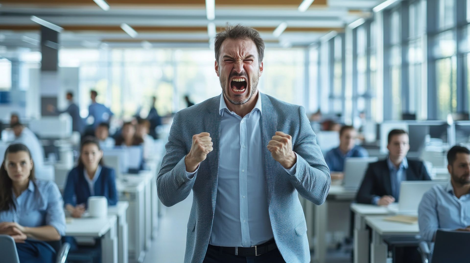 Angry man in a blazer clenches fists in a bright open office while coworkers sit at desks behind him