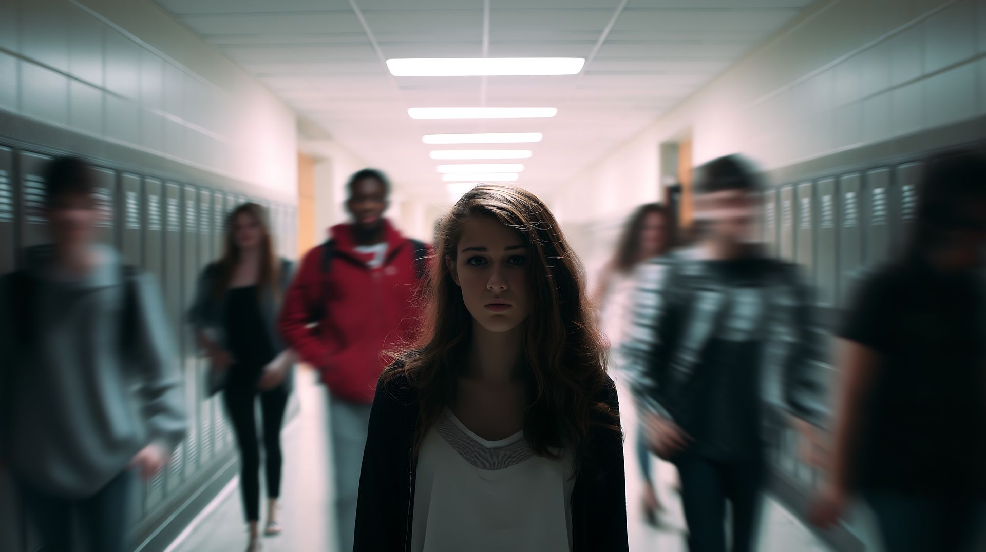 Students walking in a school hallway, with a focused girl centered and blurred figures in motion behind her